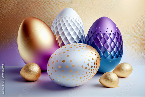 Luxurious Easter background in white, blue, golden and purple tones, soft light. Generative ai