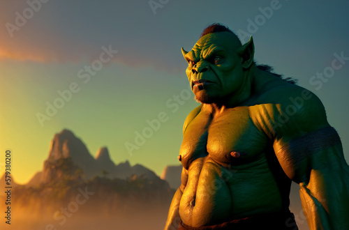 Portrait of a big, muscular green org. Portrait of a big, muscular green Orc. Portrait of terrifying green monster. Fantastic creature. Ogre. Troll with frightening facial expression. Generative AI.