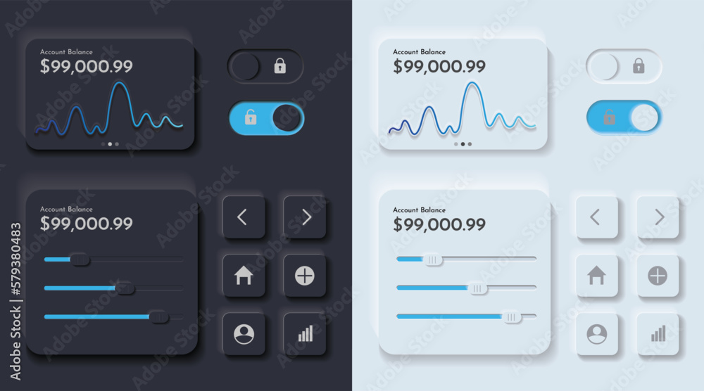 Neumorphism UI elements digital finance, dark and light modes, white and black design for smart technology and applications. Neumorphism UI elements digital finance, dark and light modes, white and black design for smart technology and applications.
