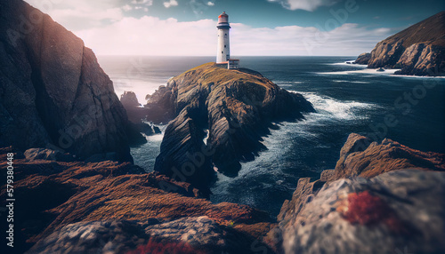 A lighthouse on a cliff overlooking the sea generated by AI photo