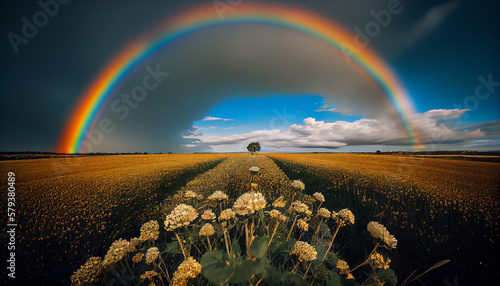 A rainbow in the sky over a flowering field generated by AI photo