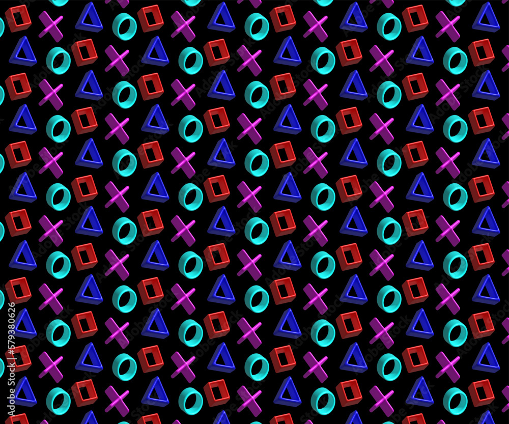 Geometric seamless pattern. Modern trendy background with 3d objects, triangles, polygons, circles, squares, and star shapes on black background.