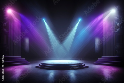 The empty stage is illuminated by colored spotlight. AI technology generated image