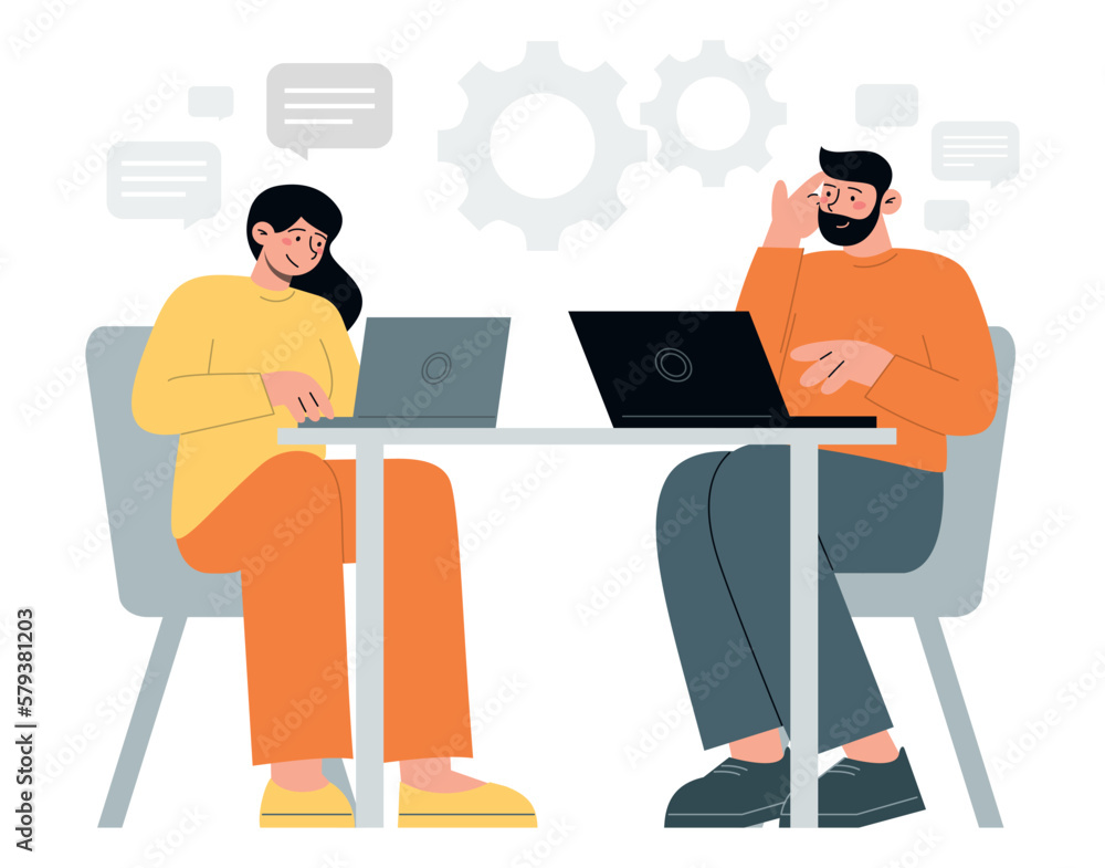 People working on laptop. Teamwork and brainstorm. Texting in chat or serfing web. Flat vector minimalist illustrations