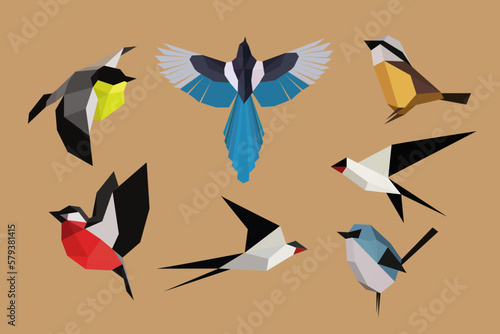 Set of birds in origami style with 3d effect. Swallow, magpie, titmouse in different poses