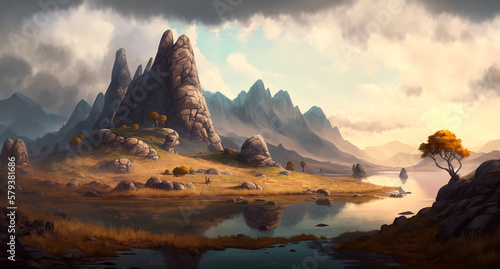 Mountain realistic style. Digital illustration. Artwork  stage design in cartoon style. Natural landscapes. A scene from a video game. Serious digital painting. Generative AI