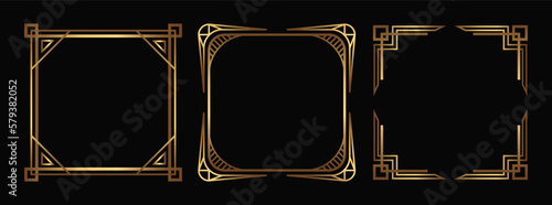 Art Deco vector square Social Media templates. Isolated linear fancy gold frames on black