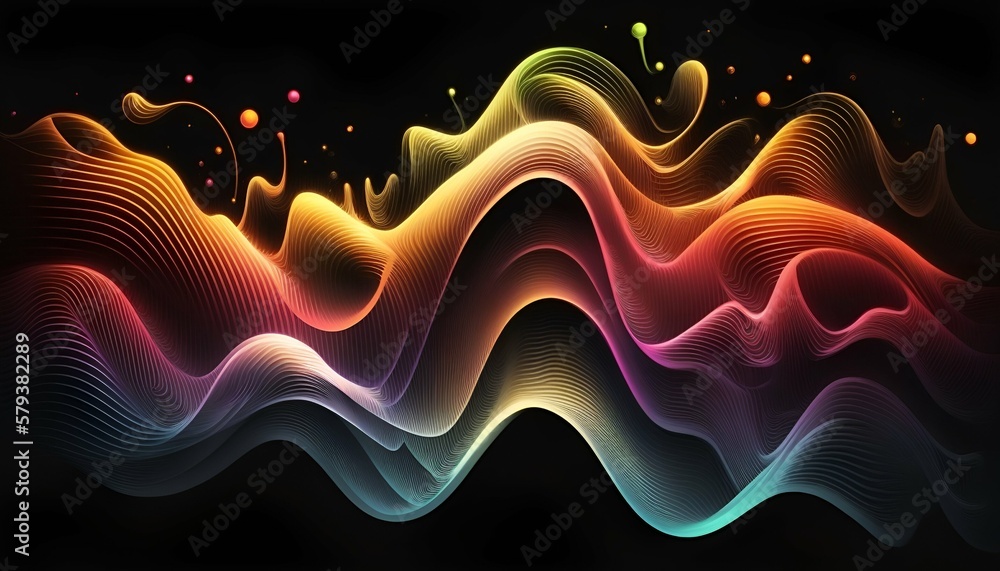 Fototapeta premium rainbow-hued neon waves flow across a black background Generative AI