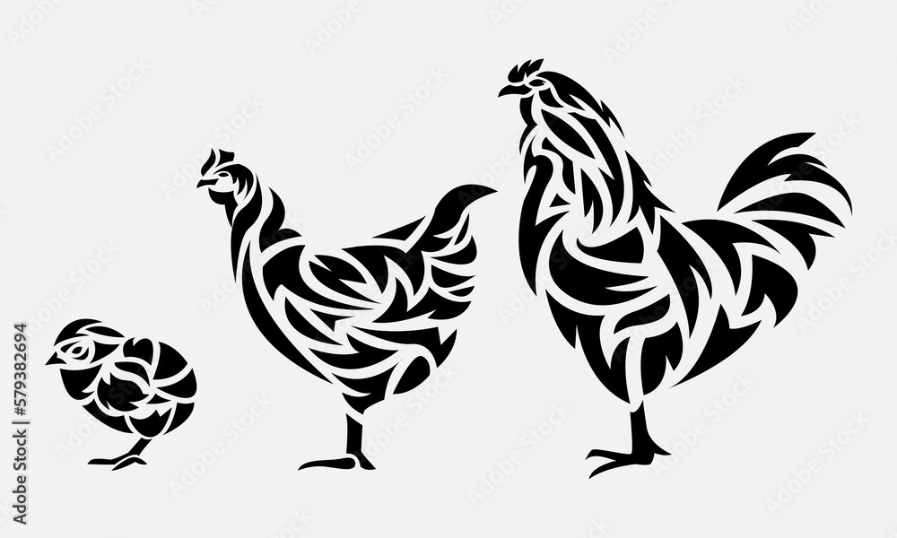 Obraz premium set of chickens in tribal tattoo style. chickens of different sizes, different breeds. chick, hen, rooster. side view. animal, pet, farm, ornament, decor concept. flat vector illustration.