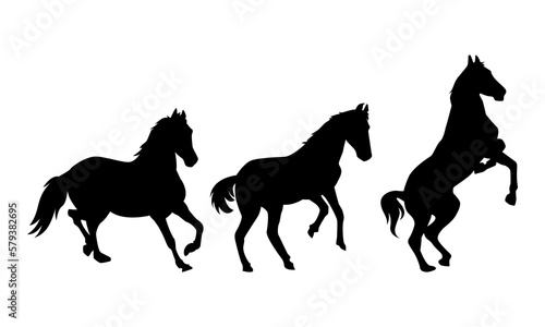 set of silhouettes of several horses with different poses, gestures. side view. running, neighing. the concept of animal, pet, farm, sport, horse racing, vehicle. flat vector illustration.