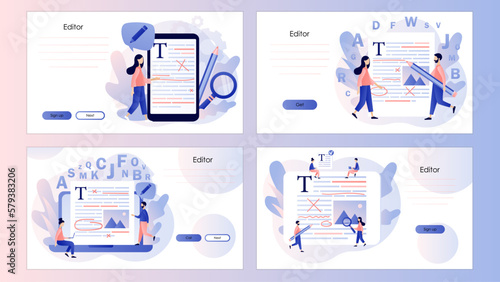 Editor and copywriting services. Tiny people copywriters checking grammar and spelling document page. Screen template for landing page, template, ui, web, mobile app, poster, banner, flyer. Vector 