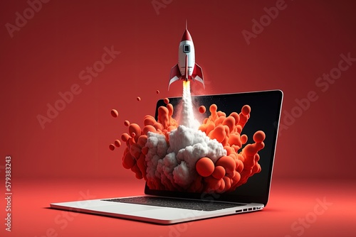 Digital illustration of laptop and rocket, red background. Generative AI