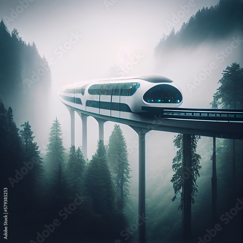 a high-speed train travels from the past to the future  through the fog to high bridges where only the tops of the trees are visible