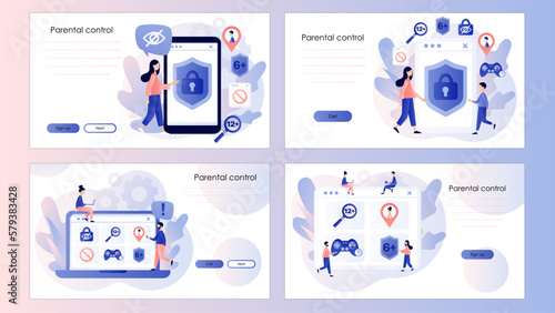 Parental control software. Access restrict. Blocked, prohibited, inappropriate content for kids. Screen template for landing page, template, ui, web, mobile app, poster, banner, flyer. Vector 