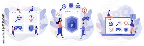 Parental control software. Prohibited content, access restrict. Blocked, prohibited or inappropriate content for kids. Safe internet. Modern flat cartoon style. Vector illustration on white background