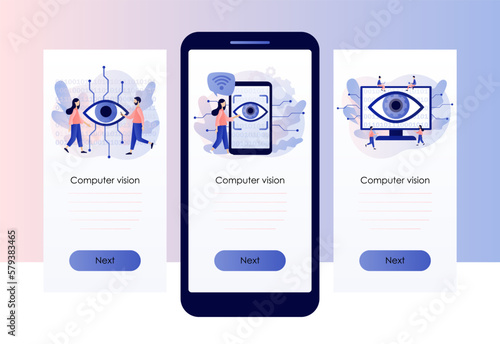 Computer vision. Artificial intelligence concept. Neuro vision. Video surveillance system, augmented reality systems. Screen template for mobile, smartphone app. Modern flat cartoon style. Vector