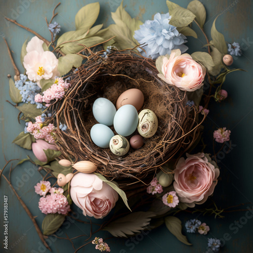Easter floral composition with delicate pastel eggs and flowers in a nest  generative AI 