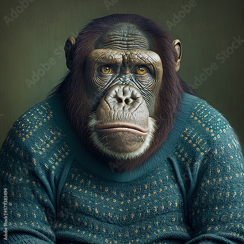 A chimpanzee wearing a colorful sweater by generative AI