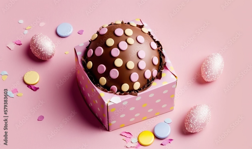 a chocolate cake in a pink box surrounded by confetti. generative ai a chocolate cake in a pink box surrounded by confetti. generative ai