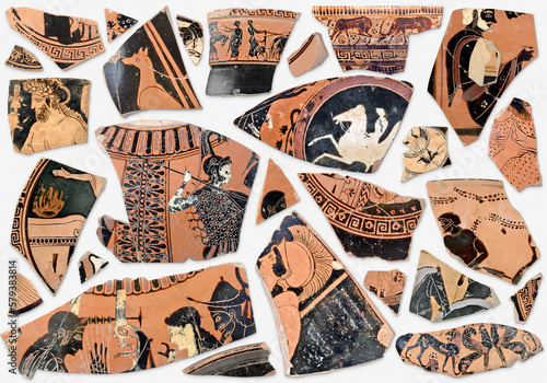 Background of ancient classical greek terracotta fragments and pieces