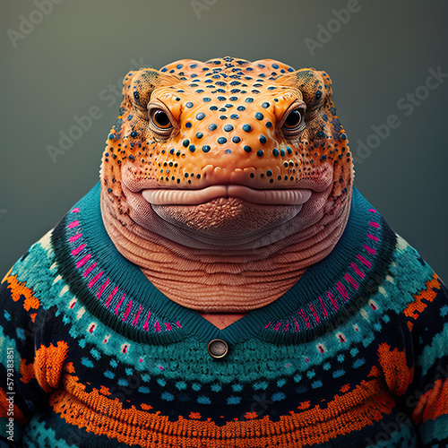 A gila monster wearing a colorful sweater by generative AI photo