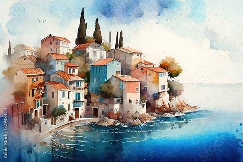 AI-painted quaint seaside village in watercolor
