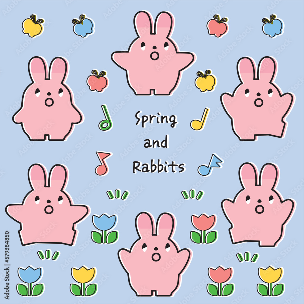 Obraz premium 春の素材とうさぎのセット_線画