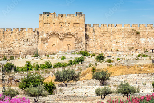 Jerusalem, Israel; March 8, 2023 - Golden Gate on the east wall of the Temple Mount dates back to 1541 AD and is the oldest of the eight gates of Jerusalem today.