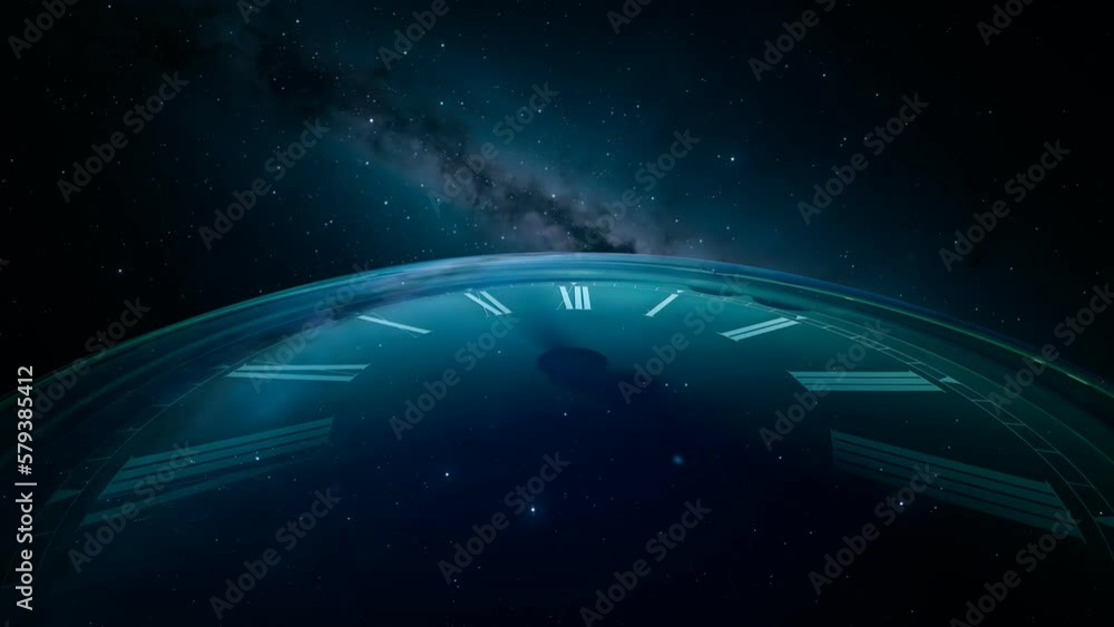 Giant clock measuring the passage of time in a vast, dark empty cosmos space. 4K