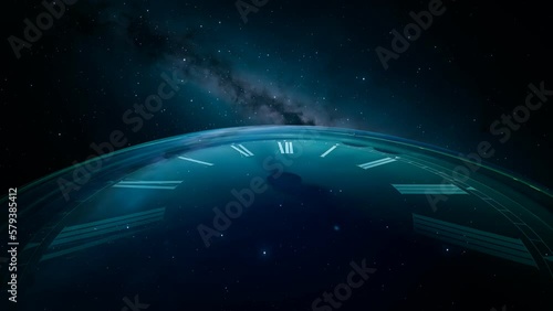 Giant clock measuring the passage of time in a vast, dark empty cosmos space. 4K