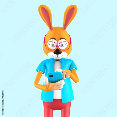 3D illustration of a rabbit clicking on the phone screen. 3d rendering