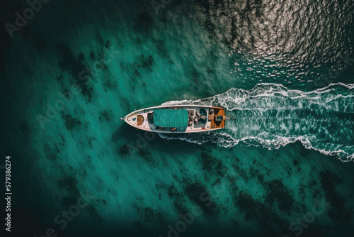 Aerial view of a boat crossing the sea. Created with generative AI technology.  © ruang