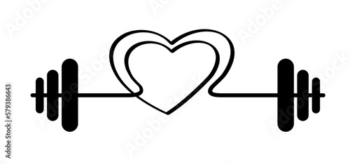 Cartoon barbell weight and love heart icon or Strength symbol. Hands lifted barbell weight. Weightlifting training concept. Weightlifter lifts big or heavy weight barbell. Vector power hands