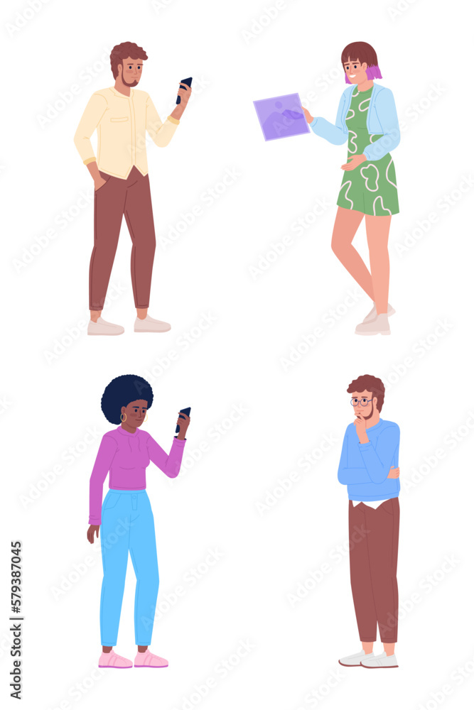 Fototapeta premium Mobile phone users and managers semi flat color vector characters set. Editable figures. Full body people on white. Simple cartoon style spot illustration pack for web graphic design and animation