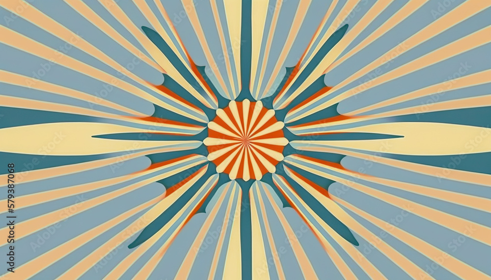 Starburst sunburst background pattern in blue vintage color palette, with orange, red, beige, and peach spiral or swirl radial stripes | AI Generated
