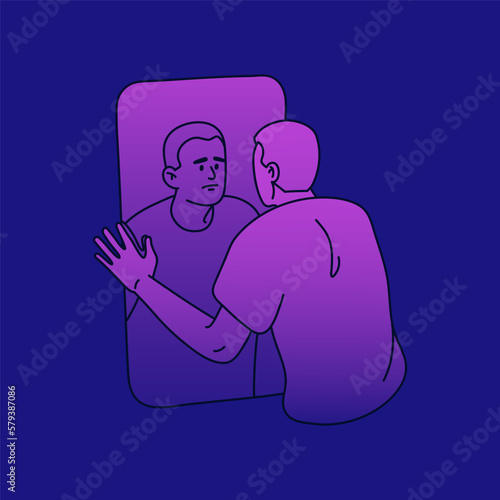 Sad person in despair, depression looking at mirror reflection. Psychology crisis concept. Unhappy personality with low self-esteem, mental problem, sadness, melancholy. Flat vector illustration