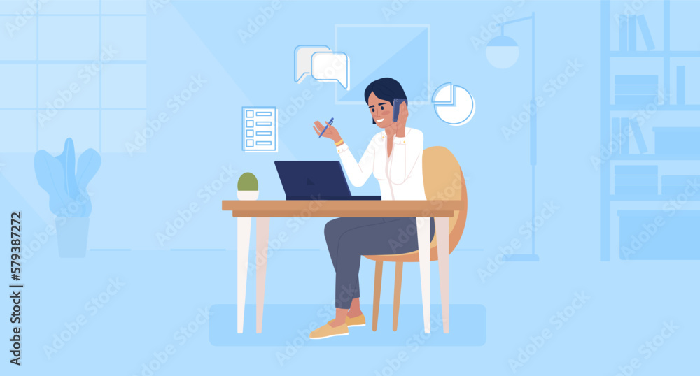 Phone sales rep flat color vector illustration. Salesperson making calls to customers. Cellphone salesman. Hero image. Fully editable 2D simple cartoon character with office open space on background