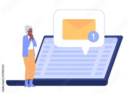 Grandmother excited of new email on laptop flat concept vector spot illustration. Editable 2D cartoon character on white for web design. Senior citizen creative idea for website, mobile, magazine