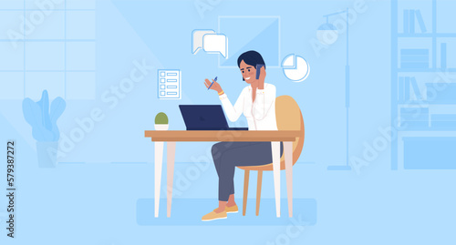 Phone sales rep flat color vector illustration. Salesperson making calls to customers. Cellphone salesman. Hero image. Fully editable 2D simple cartoon character with office open space on background