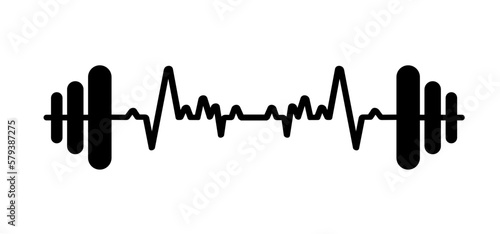 Cartoon barbell weight and heartbeat line pulse. icon or Strength symbol. Hands lifted barbell weight. Weightlifting training concept. Weightlifter lifts big or heavy weight barbell. Vector power hand