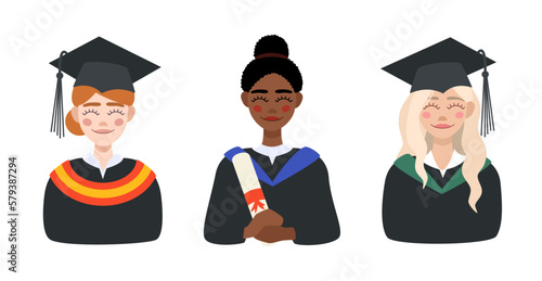 Portraits of female students in graduation gowns and caps. A student with a diploma in her hands. Illustration in flat style 