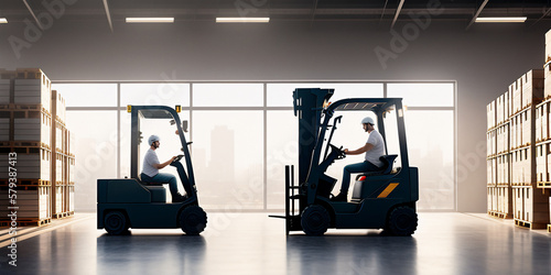 Two men in a warehouse with a forklift and a forklift truck in front of them, side view. Generative AI technology.
