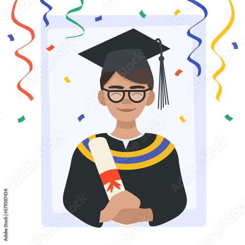 Student in a graduation gown and cap. Male student holds a diploma and celebrates graduation. Illustration in flat style.