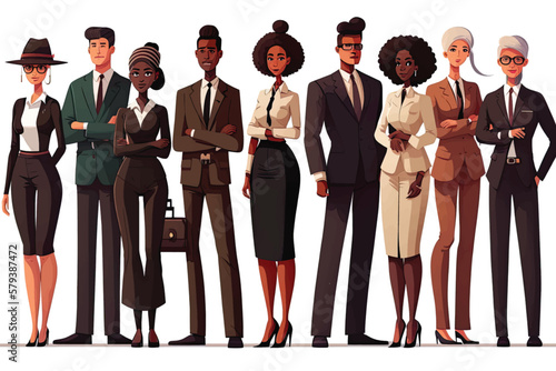 Vector illustration of diverse cartoon men and women in office attire of various races, ages, and body types. Isolated on white background. , flat design