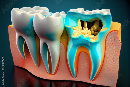 Dental attrition (Bruxism) resulting in loss of tooth tissue. Dental 3D illustration. Generative AI