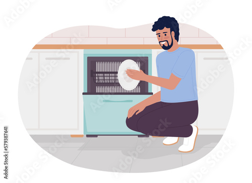 Using energy efficient dishwasher 2D vector isolated spot illustration. Saving utility bills. Flat character on cartoon background. Colorful editable scene for mobile, website, magazine