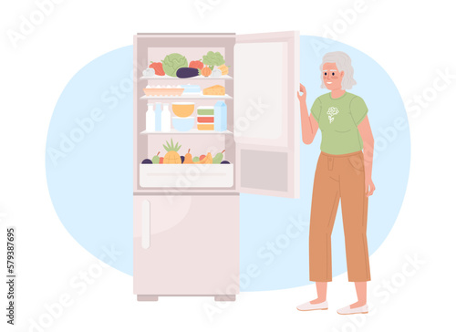 Keeping fridge full to use less energy 2D vector isolated spot illustration. Old lady with kitchen appliance flat character on cartoon background. Colorful editable scene for mobile, website, magazine