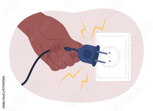 Unplugging devices 2D vector isolated spot illustration. Turning off electrical devices. Flat character hand on cartoon background. Colorful editable scene for mobile, website, magazine