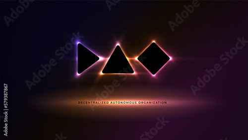 Vector illustration with DAO geometric typography, glowing neon lines, rays on dark background. Decentralized Autonomous Organisation, smart contract, cryptocurrency, blockchain technology