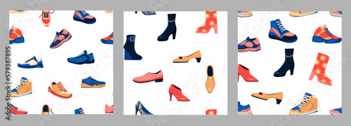 Shoes pattern. Seamless prints with sneakers, high heels boots, casual footwear, mens women footgear for wallpaper or wrapping design. Vector texture set